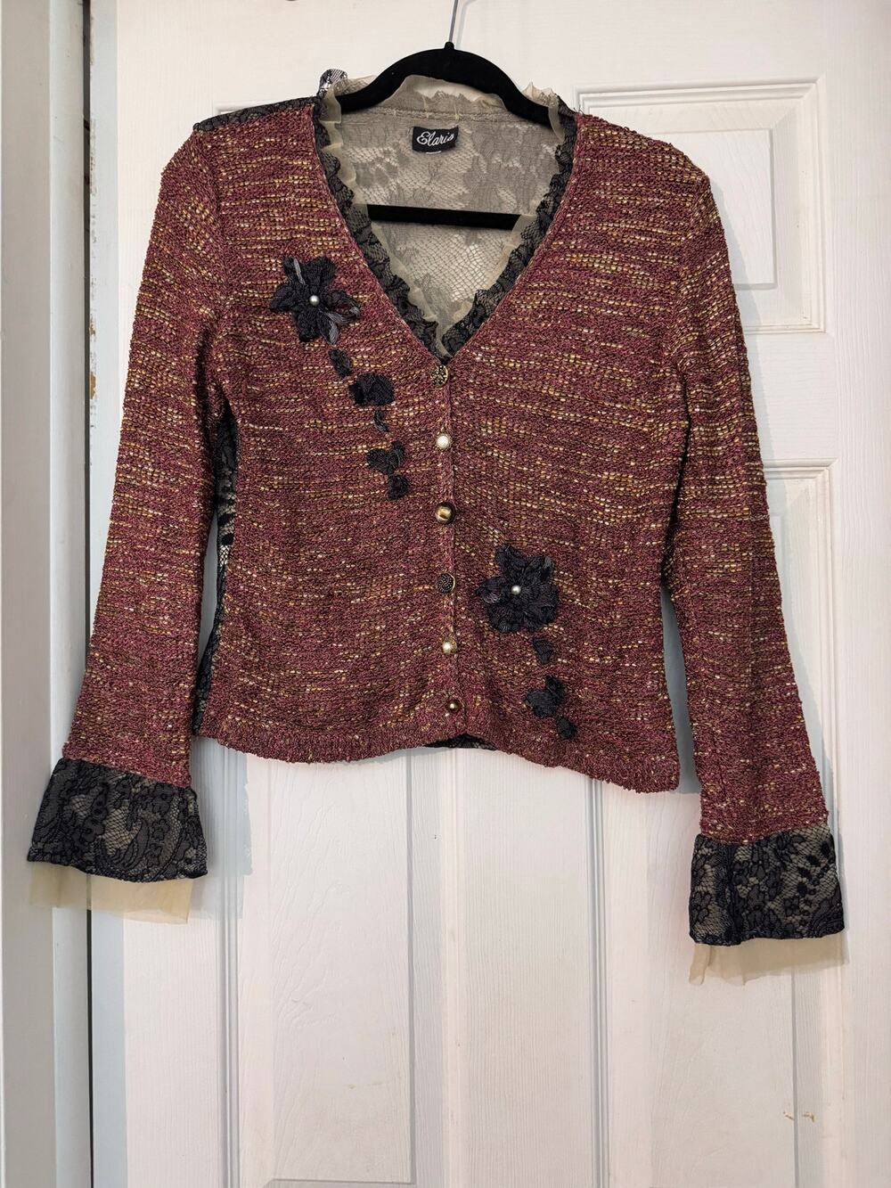Elaris Metallic Knit Cardigan Floral Applique Sheer Lace Back Bell Sleeve size M